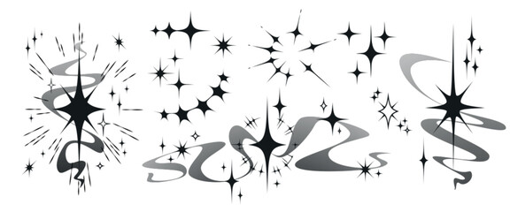 Y2K star icons with sparkling light rays isolated on white background. Vector illustration of retro sparkle bursts, glittering cosmic elements for tattoo designs, vintage space graphic projects