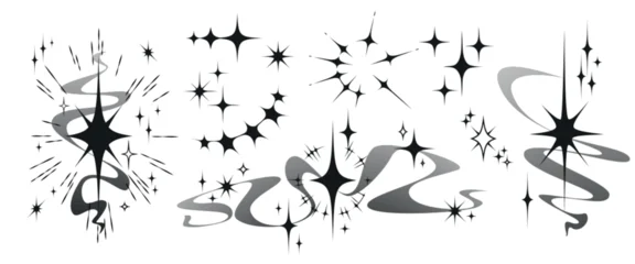Fototapete Sportgeschäft Y2K star icons with sparkling light rays isolated on white background. Vector illustration of retro sparkle bursts, glittering cosmic elements for tattoo designs, vintage space graphic projects  © klyaksun