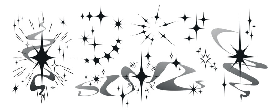 Y2K star icons with sparkling light rays isolated on white background. Vector illustration of retro sparkle bursts, glittering cosmic elements for tattoo designs, vintage space graphic projects
