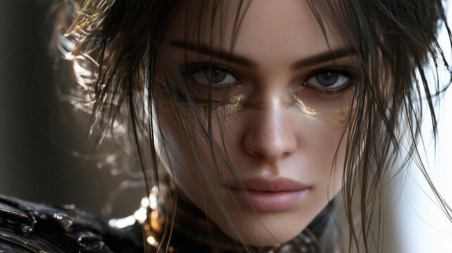 beautiful female warrior with captivating gaze and textured gold leaf face paint, young woman portrait with tousled dark brown hair, powerful fantasy warrior portrait featuring gold leaf makeup