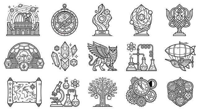 Science and Fantasy Line Art Icon Set for Design Projects