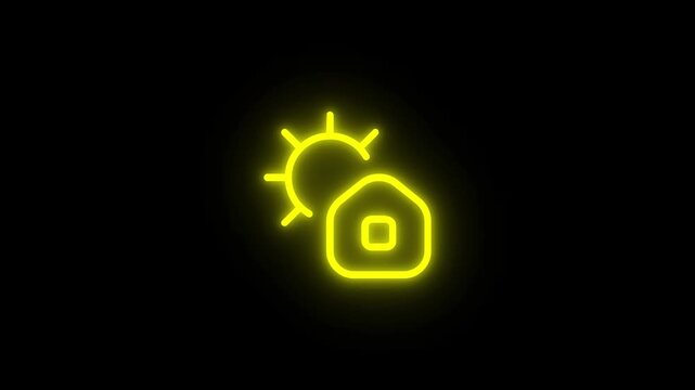 Weather forecast icon glowing in yellow neon light on dark background a house