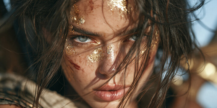 beautiful female warrior with captivating gaze and textured gold leaf face paint, young woman portrait with tousled dark brown hair, powerful fantasy warrior portrait featuring gold leaf makeup