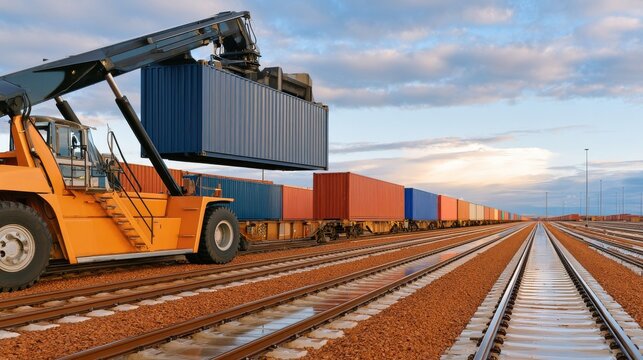 Reach stacker lifting shipping container onto freight train at rail terminal. Logistics and transport concept