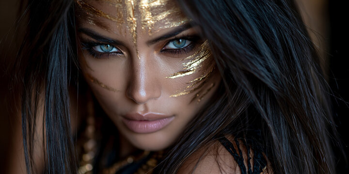 beautiful female warrior with captivating gaze and textured gold leaf face paint, young woman portrait with tousled dark brown hair, powerful fantasy warrior portrait featuring gold leaf makeup