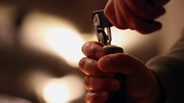Bartender uses corkscrew to remove cork from bottle of wine, close-up