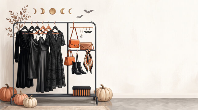 Halloween costume wardrobe on clothing rack with pumpkins and bat decals, minimal studio wall copy space for online shop banner, social post, flyer design