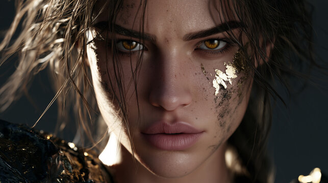 beautiful female warrior with captivating gaze and textured gold leaf face paint, young woman portrait with tousled dark brown hair, powerful fantasy warrior portrait featuring gold leaf makeup