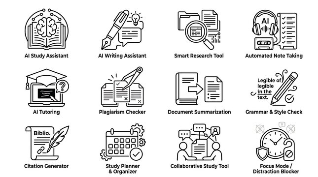 AI Education and Study Assistant Line Icon Set