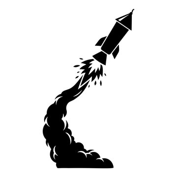 Flying firework rocket with curved smoke trail black silhouette for festive event animation