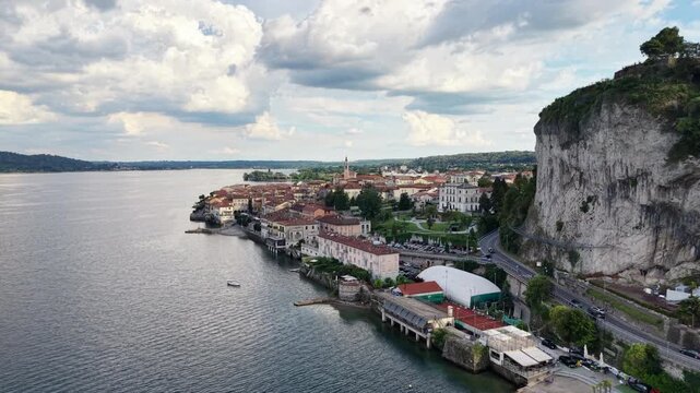 Aerial flying towards Church of the Nativity of the Virgin Mary, Arona, Italy