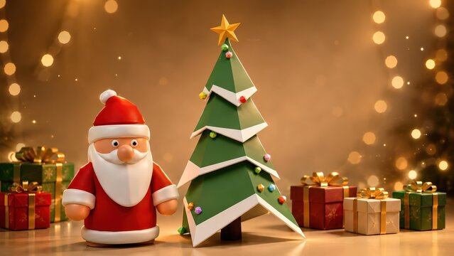 Cute Santa Claus and Stylized Christmas Tree with Gift Boxes &ndash; Photorealistic 3D Render, 8K Holiday Background
