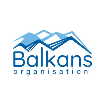 Balkans Organisation logo featuring stylized blue mountain peaks, dynamic linear ridges, and clean sans-serif typography. Ideal for regional NGOs, environmental foundations, and alpine initiatives.