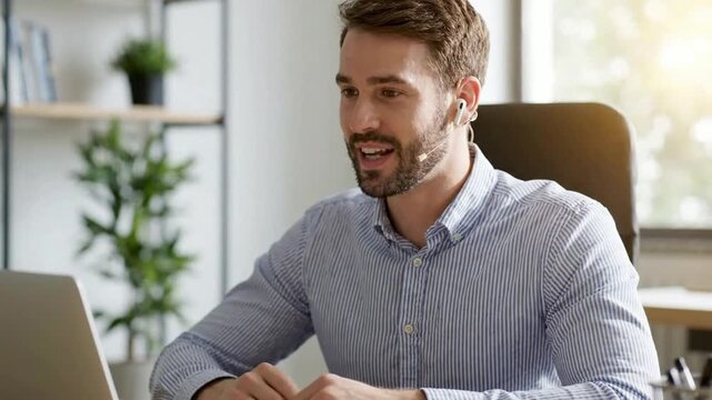 Man having a call on laptop in modern office, remote business meeting, online communication and virtual collaboration