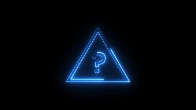 Glowing blue neon triangle with a question mark symbol pulsating on black background motion.