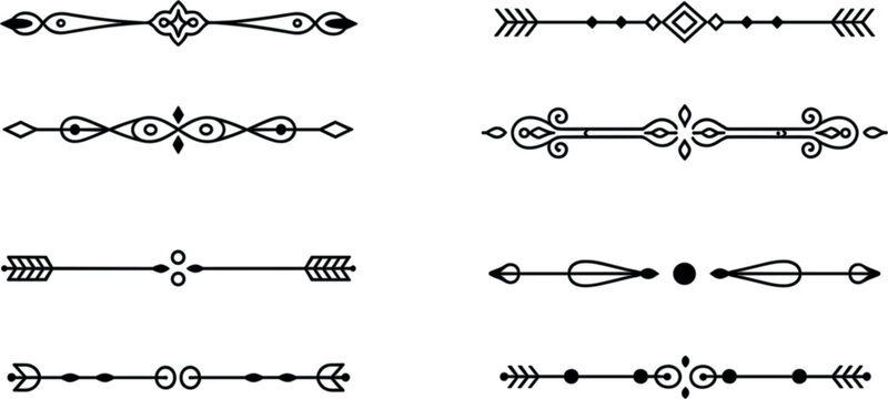 Vintage arrow dividers line ornamental text borders set, bohemian ethnic tribal geometric accent vector illustration