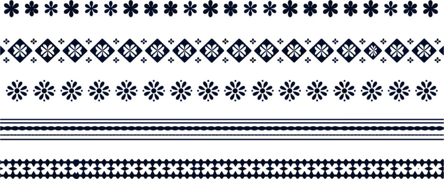 Ethnic floral geometric seamless borders set, folk embroidery style daisy flower trim vector illustration
