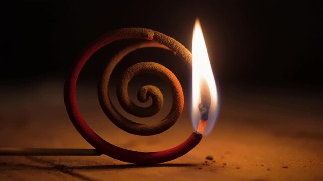 Spiral Incense Coil Burning with a Bright Flame in Darkness