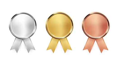 Plakat Gold, silver, bronze medals. Realistic 3D metallic award medals with ribbons, symbolizing first, second, third place in sports, competitions, athletic events. Winner emblems. Vector illustration.