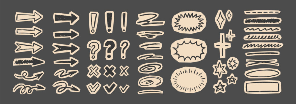 Chalk-drawn arrows, check marks, and decorative elements with grunge textures, speech bubbles, brackets, and scribble effects for creative collage or scrapbook design.