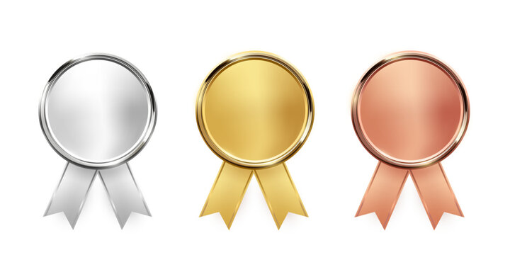 Gold, silver, bronze medals. Realistic 3D metallic award medals with ribbons, symbolizing first, second, third place in sports, competitions, athletic events. Winner emblems. Vector illustration.