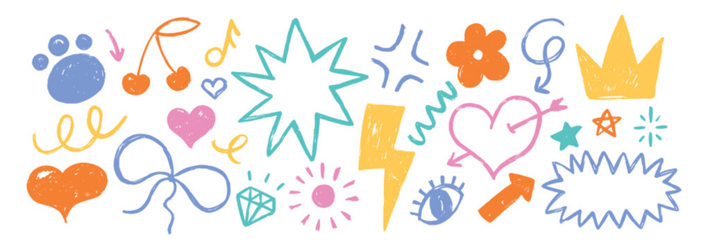 Hand drawn sticker set with hearts, bows, flower, and stars. Textured cutouts featuring crayon doodles, vintage shapes, and girly designs perfect for scrapbooking and craft projects.