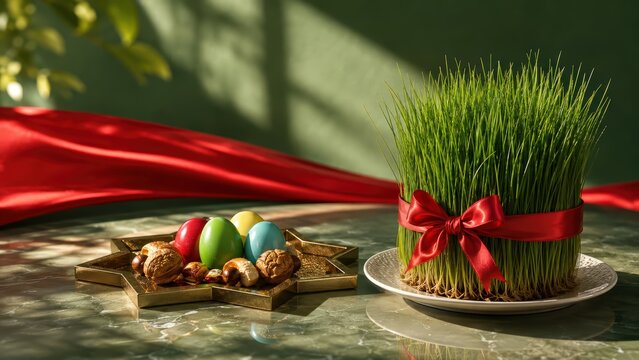Nowruz Haft Sin Celebration with Fresh Sabzeh, Colorful Eggs and Nuts