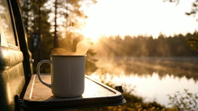 Steaming coffee mug on van tailgate at sunrise: peaceful morning camping scene by a misty lake in the wilderness