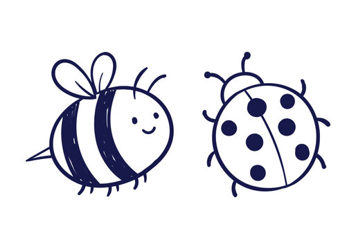 Cute dark blue line art illustration of a smiling cartoon bumblebee and a spotted ladybug.
