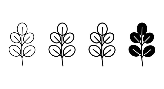 Moringa Leaf Icons, Outline and Silhouette Vector Set, Simple Botanical Elements for Health and Wellness