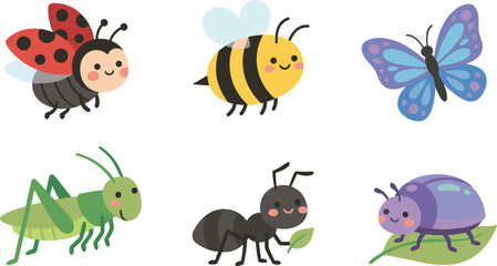 Fototapeta premium Cute Cartoon Insects Vector Character Set Featuring Happy Flying Ladybug, Bumblebee, Purple Butterfly, Green Grasshopper, Smiling Ant with Leaf, and Beetle Stickers