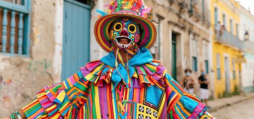 Fototapeta premium A person wearing colorful traditional clothing and a decorative mask in front of rustic homes during a lively Brazilian street celebration.