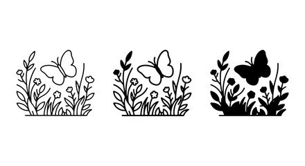 Naklejka premium Butterfly Meadow Icons, Delicate Floral Vector Art, Nature Silhouette Elements, Spring Garden Graphics