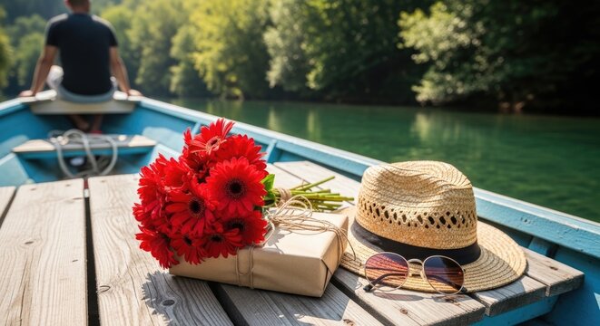 Summer boat ride with flowers and hat