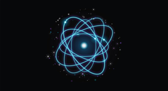 Cyan neon atom orbital rings with glowing core and particles on black
