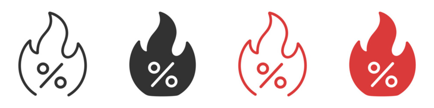 Sale discount icon set, percentage flame symbol in outline and glyph styles on transparent background