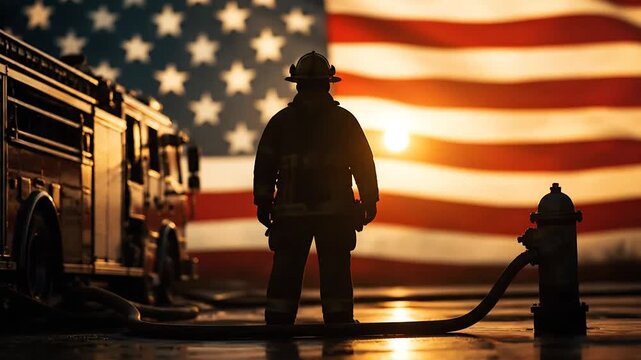 Silent firefighter standing in front of an American flag at sunset with fire trucks