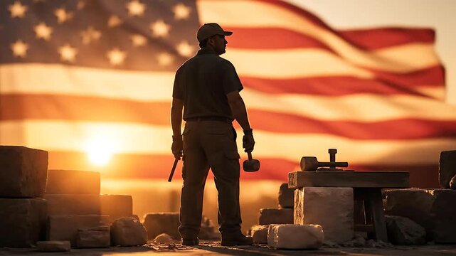 Vigilante at Sunset with American Flag in Background Capturing Patriotism and Resilience