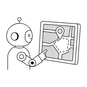 A humanoid robot points to a map display with a location pin, illustrating digital position tracking, navigation, mapping, and location monitoring.