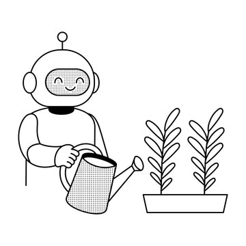 A smiling humanoid robot waters potted plants, illustrating robotic gardening assistance for plant care, watering, maintenance, and home cultivation.