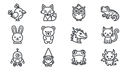 Naklejka premium Cute Kawaii Animal and Fantasy Line Art Icon Set