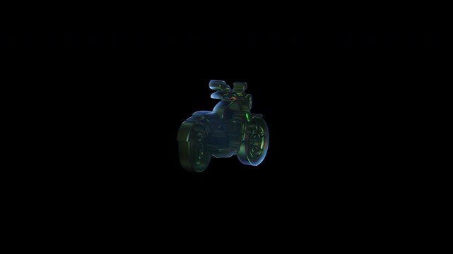 Holographic trike motorcycle rotating in darkness