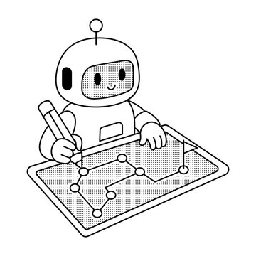A humanoid robot draws connected points on a digital map board, illustrating location mapping, route planning, spatial analysis, and robotic navigation.