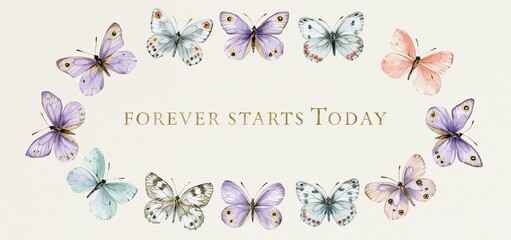 Fototapeta premium A wreath of pastel butterflies in lavender, mint, and peach frames gold 