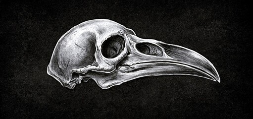 Naklejka premium A raven skull detailed with dramatic shadows, set against a dark textured background for a spooky Halloween vibe.