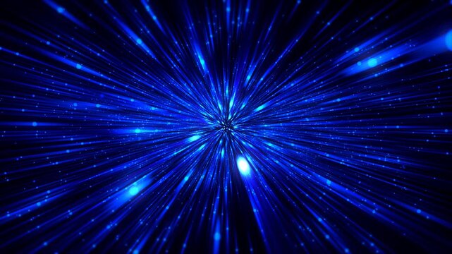 Fast-moving blue hyperspace warp tunnel with glowing light streaks and flying stars. Great for sci-fi space travel, futuristic technology concepts, time machine visuals, and cosmic background loops.