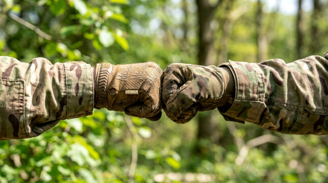 Military hands in camouflage gear giving a fist bump in a forest setting.