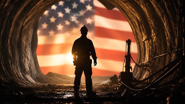 soldier exploring a dark cave with an American flag in the background during sunset illuminating the silhouette