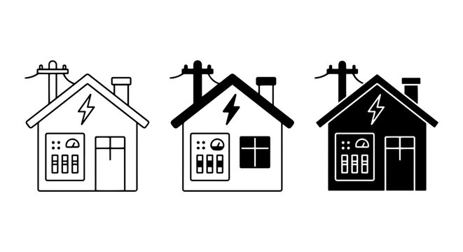 Electricity Meter House Icons, Energy Consumption Symbols, Power Usage Graphics, Residential Electrical Meter Set