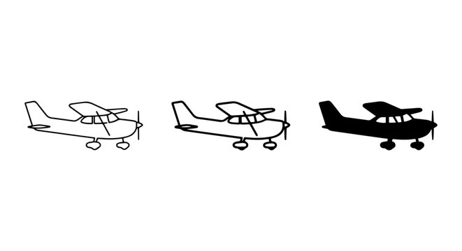 Single Engine Airplane Vector Icons, Outline and Silhouette, Aviation Graphics for Travel and Transport
